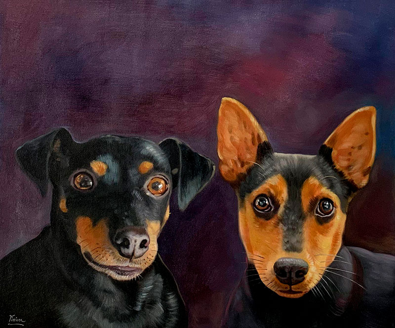 Painting of two small black and tan dogs