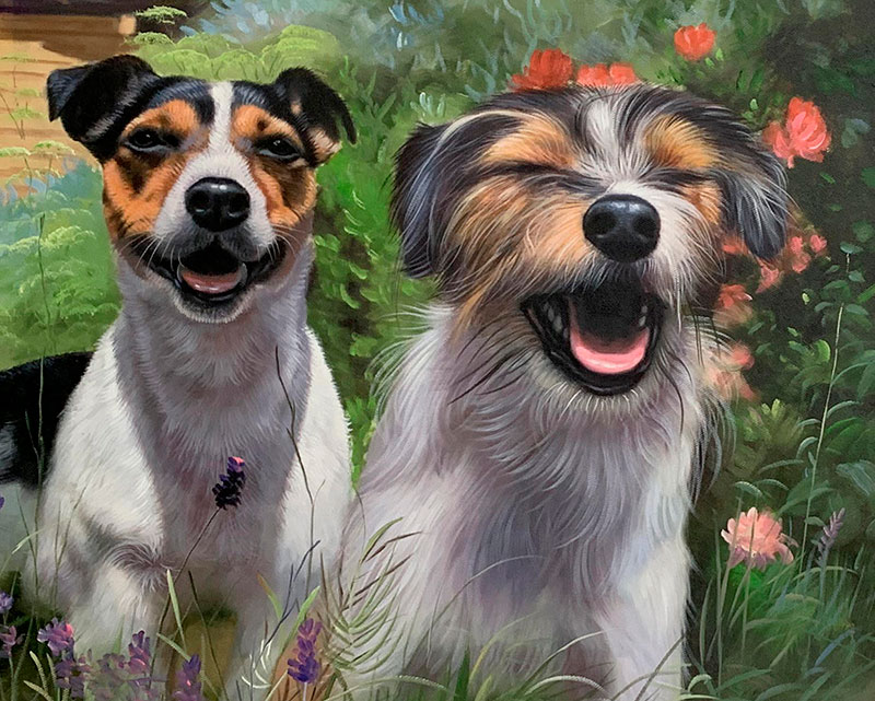 Gorgeous hand drawn oil painting of two dogs