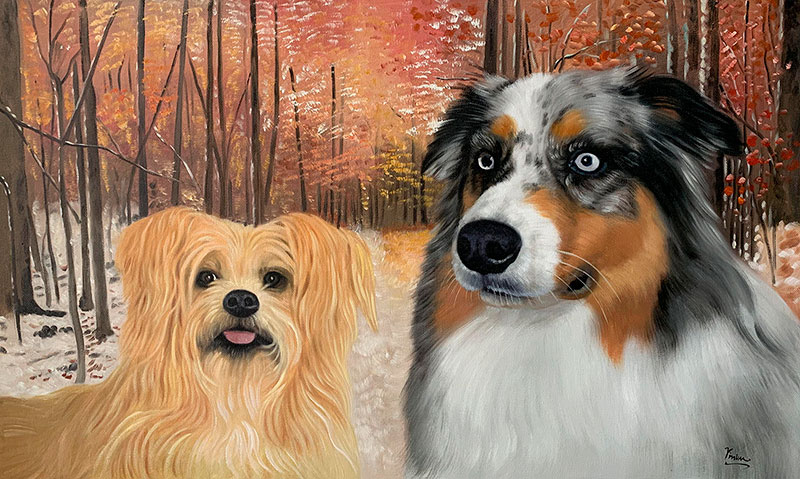Painting of two dogs in an autumn forest.