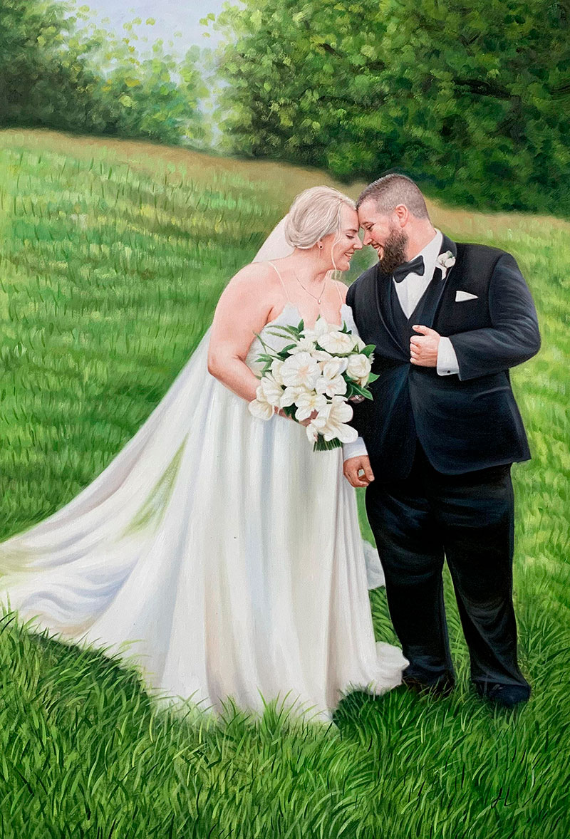 Gorgeous handmade oil painting of a bride and a groom