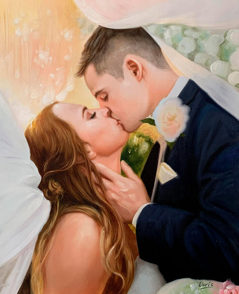 Beautiful oil painting of a kissing couple