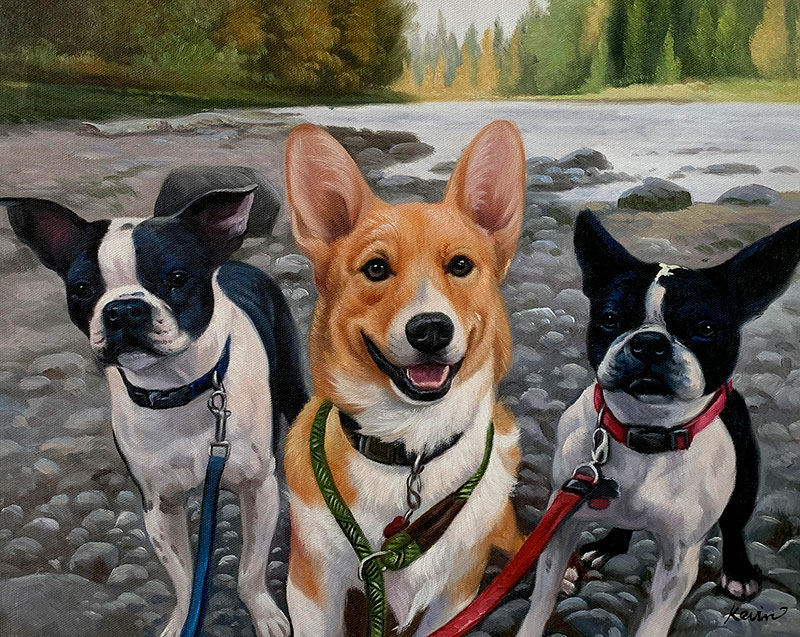 Painting of a corgi and two Boston terriers on a rocky riverbank.