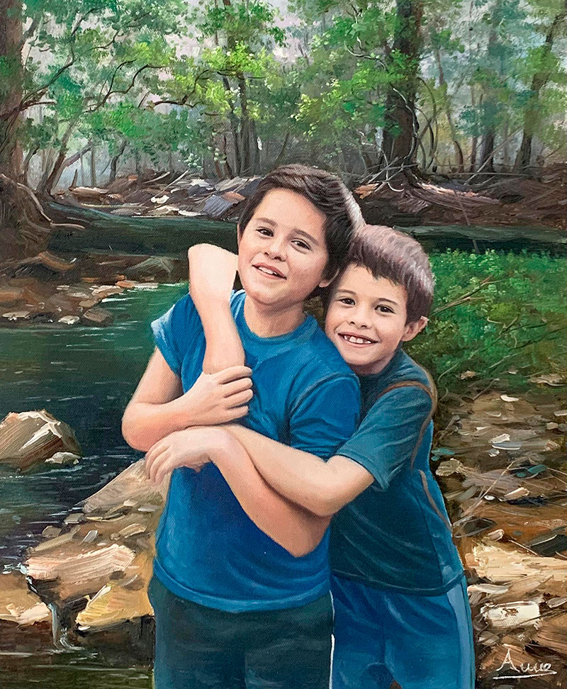 Beautiful handmade oil painting of the two boys