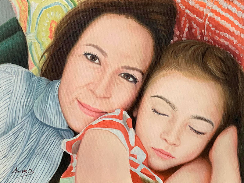 Gorgeous oil painting of a mother and a daughter