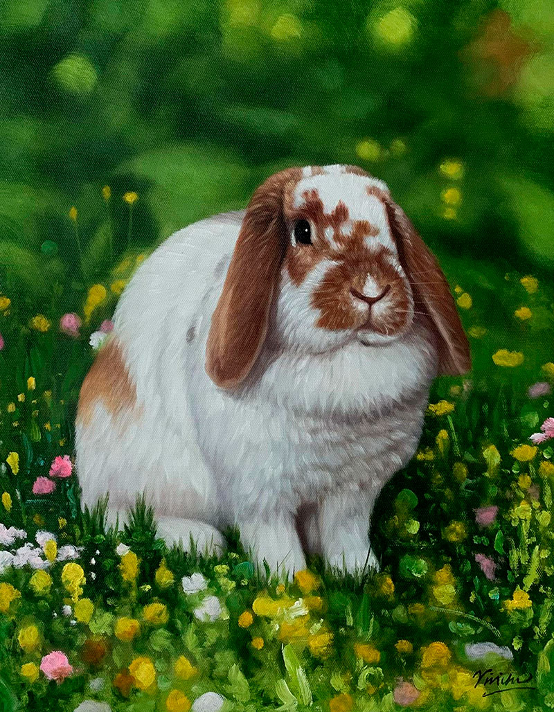 Painting of a brown and white lop-eared rabbit sitting in a field of flowers.