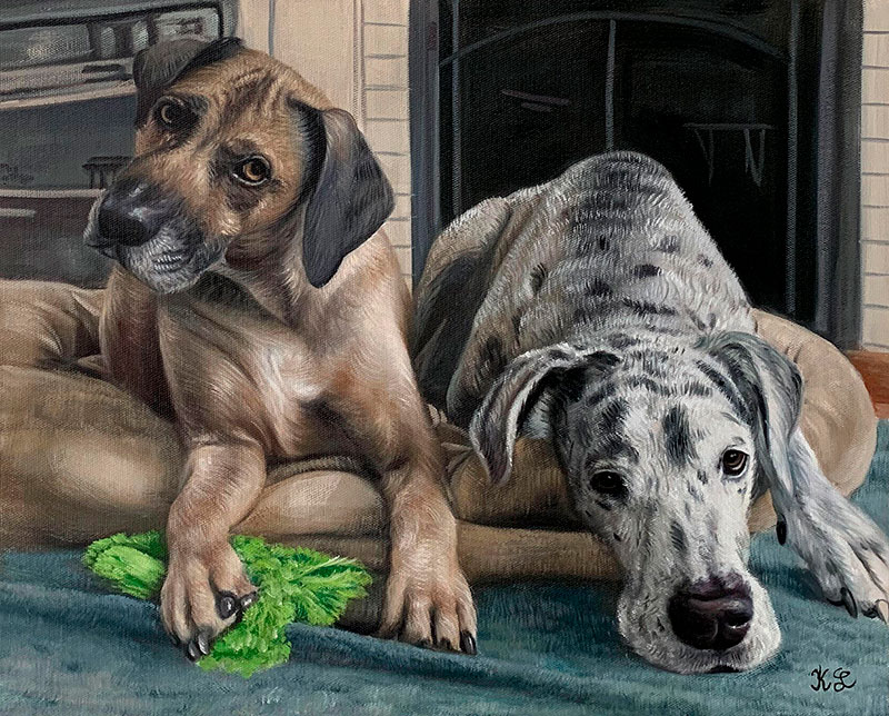 Painting of two dogs, one tan and one gray and white, lying on a bed together.