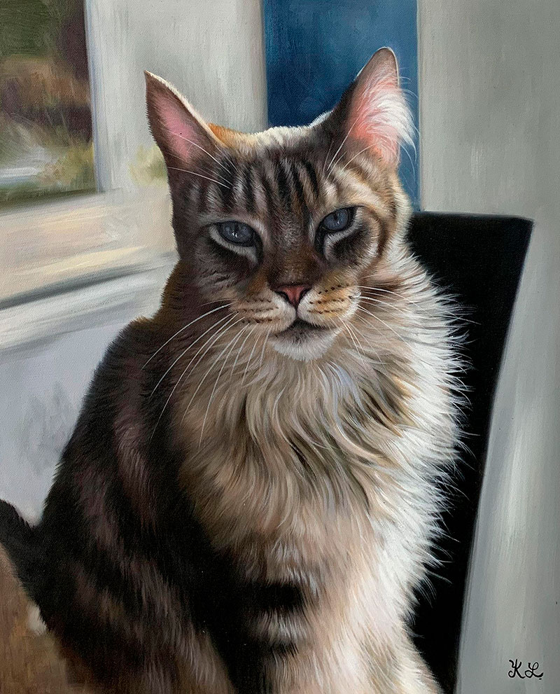 Oil painting of a long-haired tabby cat with blue eyes.