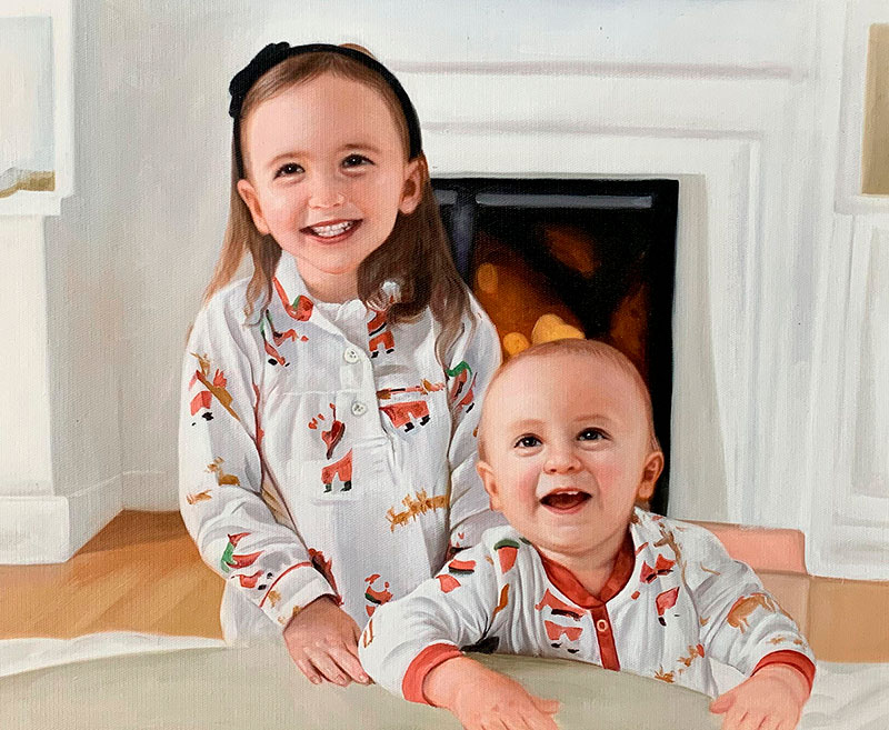Painting of two young children in matching pajamas near a fireplace.