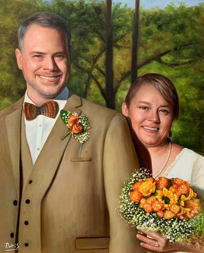 Gorgeous hand drawn oil artwork of a happy couple
