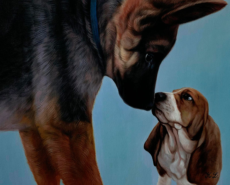 Painting of a German Shepherd and Basset Hound noses touching.
