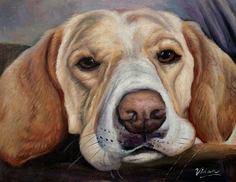 Painting of a light brown and white dog`s head and shoulders.