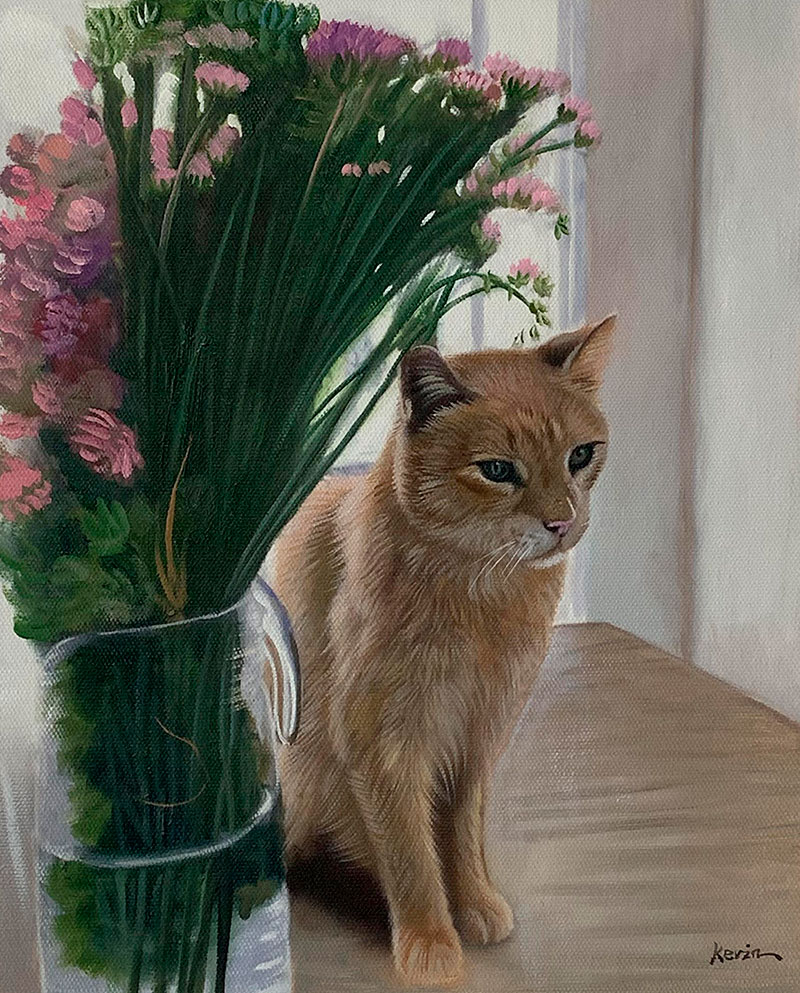Painting of an orange tabby cat sitting near a vase of pink flowers.