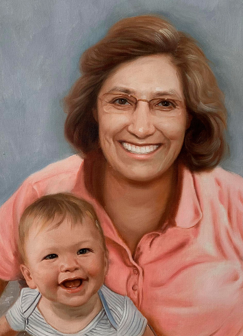 Beautiful oil painting of a grandmother and a grandchild