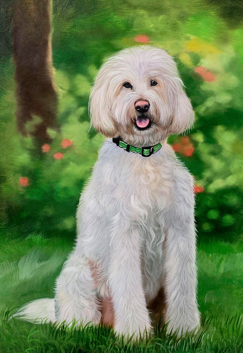 Painting of a fluffy white dog sitting in a green garden.