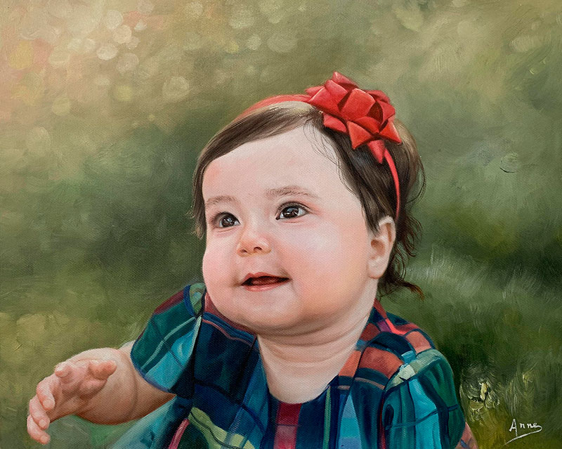 Gorgeous handmade oil artwork of a baby with a bow
