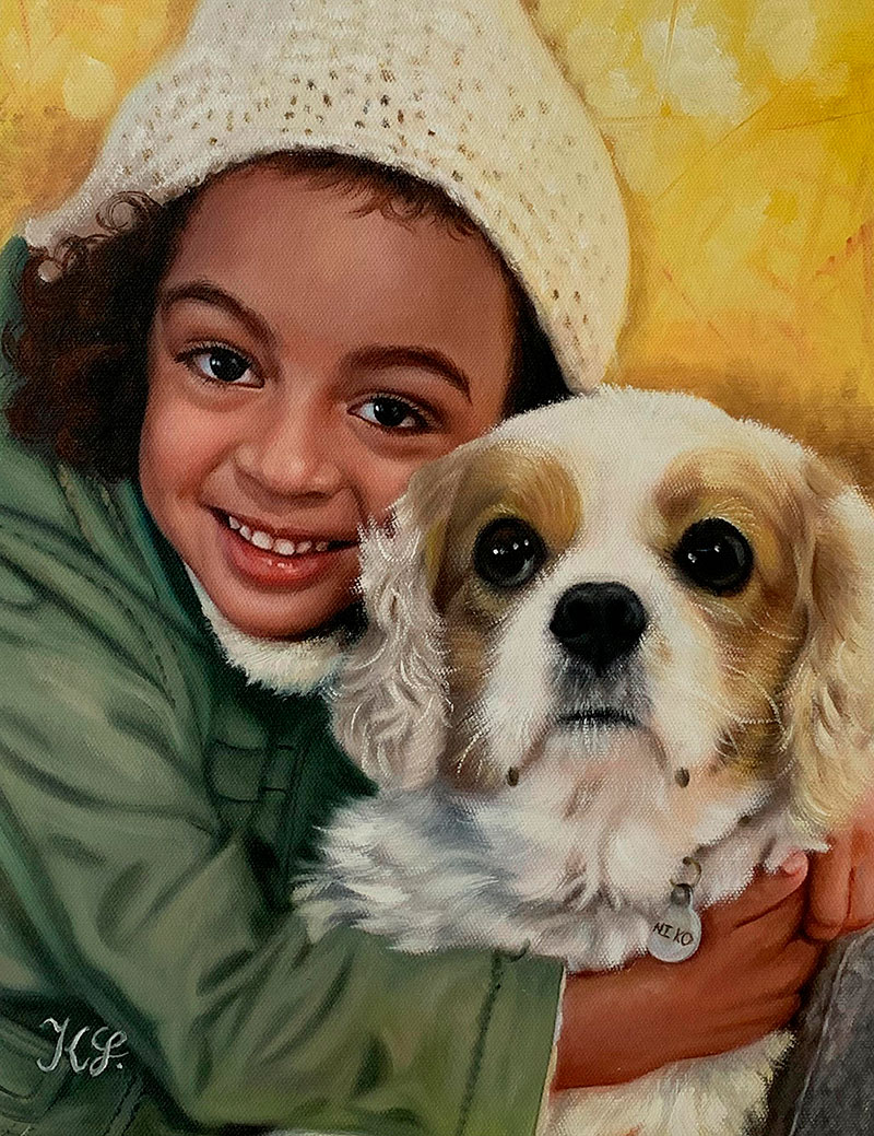 Beautiful oil artwork of a girl with a dog