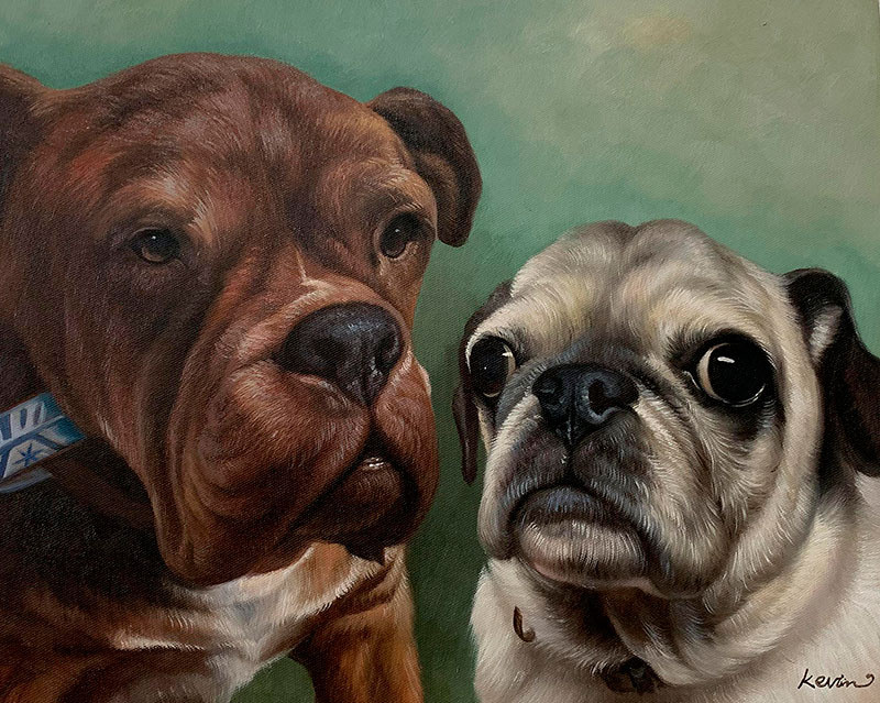 Painting of a brown bulldog and a pug.