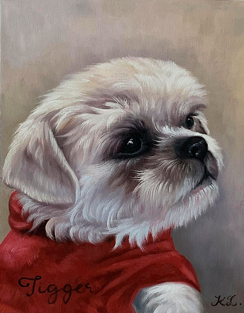 Painting of a white fluffy dog wearing a red sweater.
