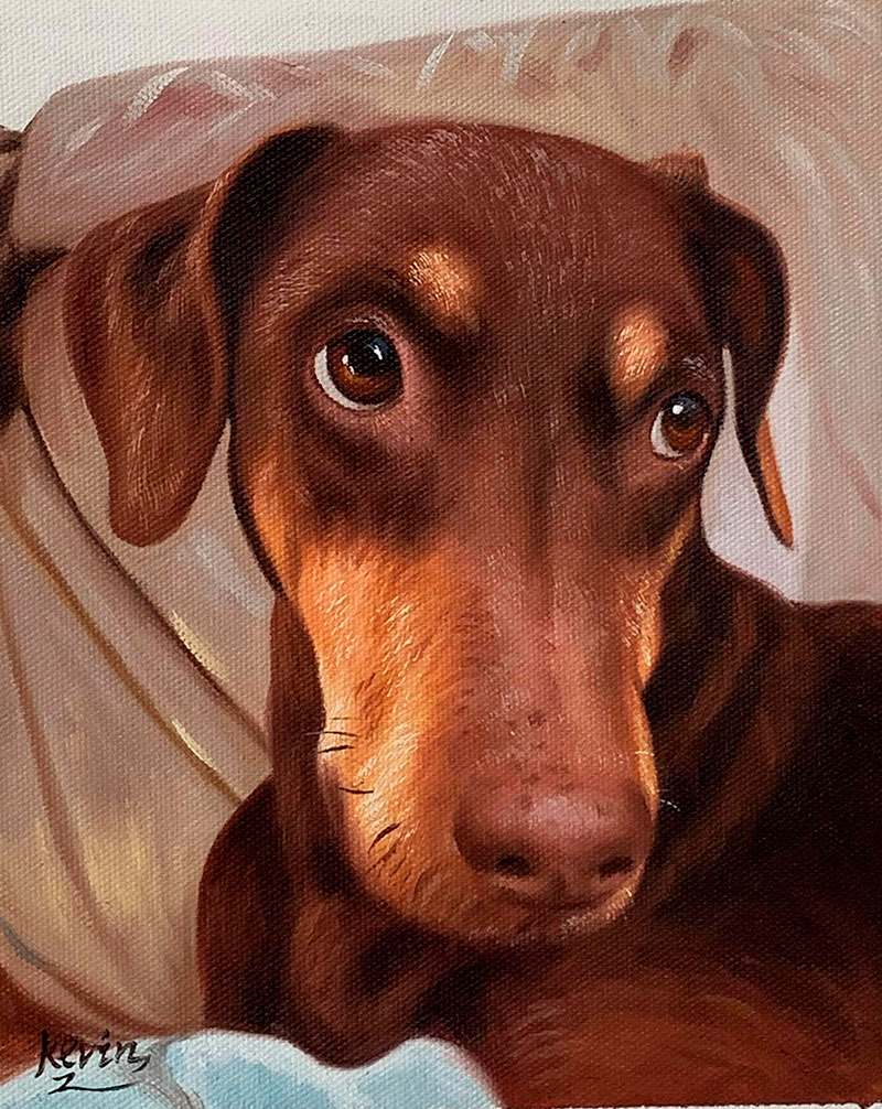 Oil painting of a brown Doberman Pinscher.