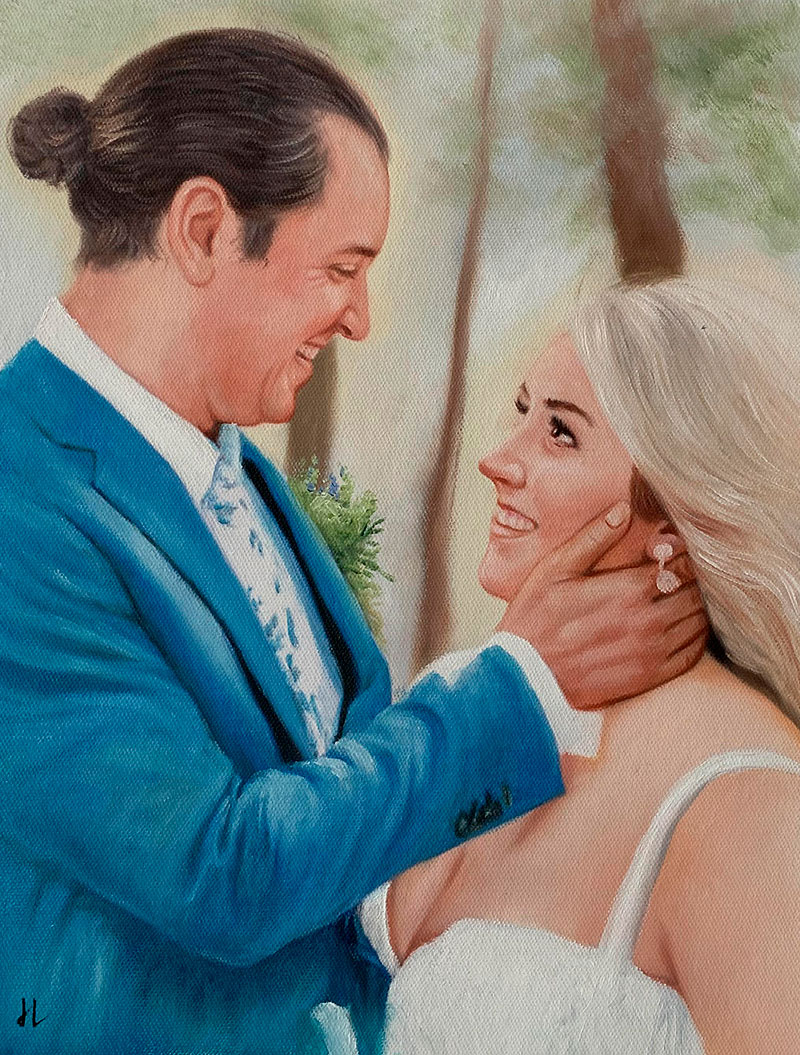 Beautiful handmade oil painting of a just married couple