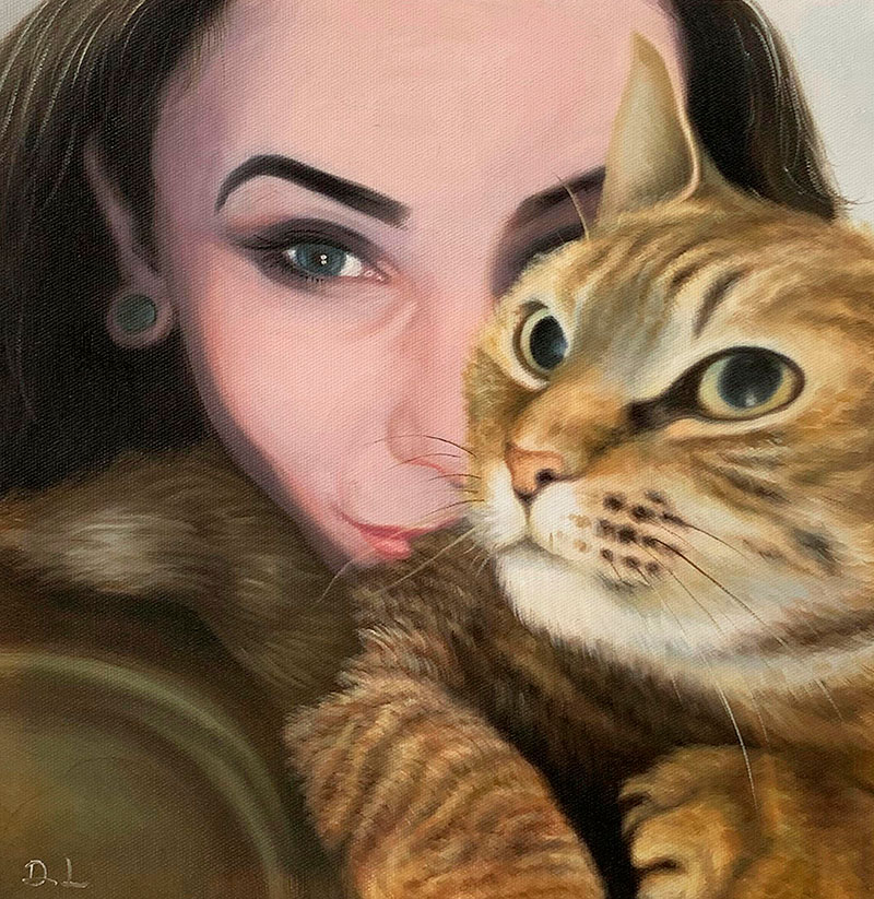 Beautiful oil painting of a girl with a cat