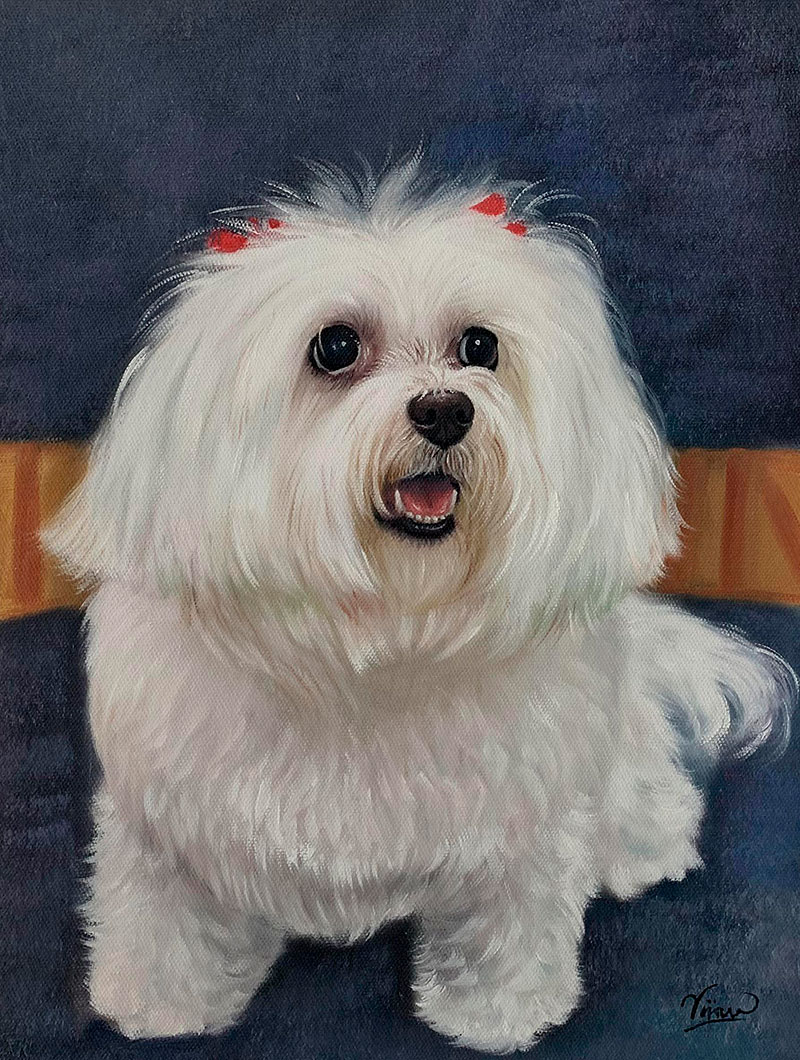 Close up oil painting of a dog