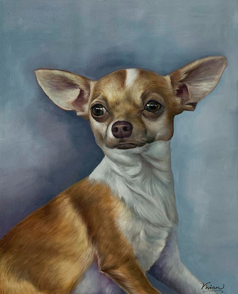 Painting of a fawn and white chihuahua.