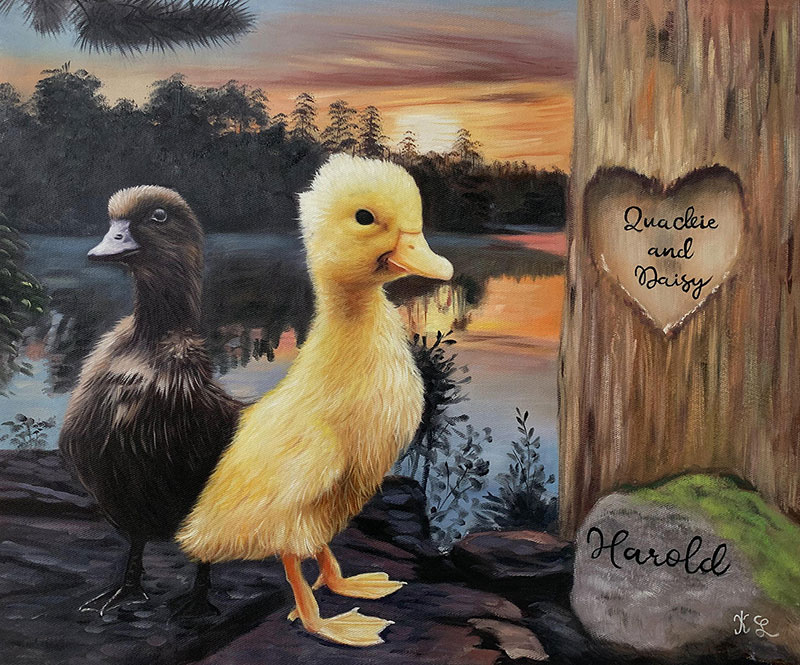Painting of two ducklings, one dark and one light yellow, near a lake at sunset, with a tree carved with Quackie and Daisy and a stone inscribed Harold.