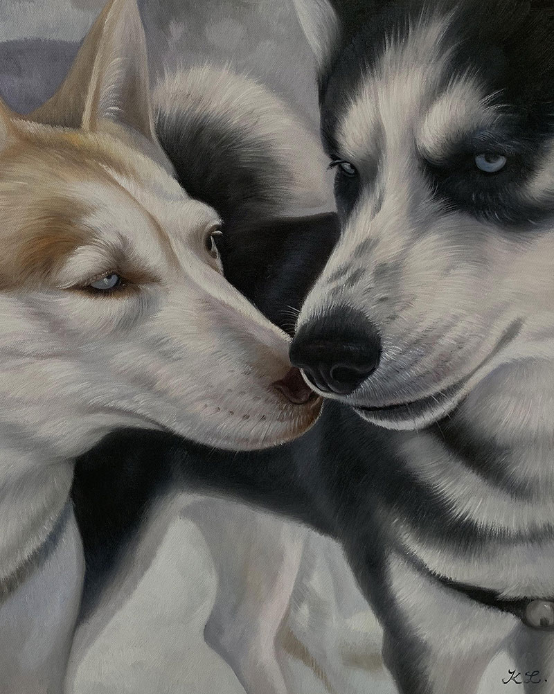 Painting of two huskies nuzzling.