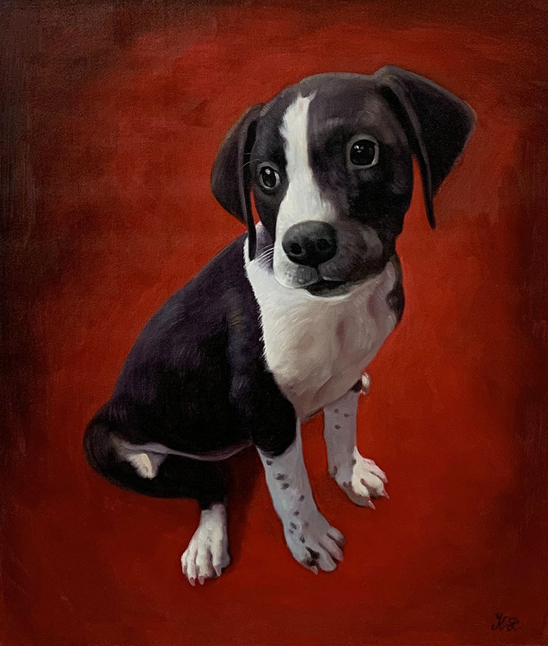 Beautiful oil artwork of a dog with a solid background