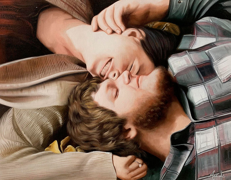 Gorgeous hand drawn oil painting of a loving couple