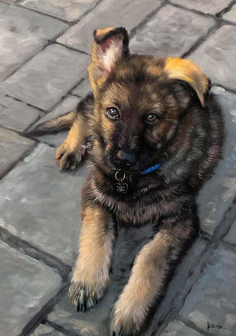 Painting of a German Shepherd puppy lying on a stone patio, wearing a blue collar.