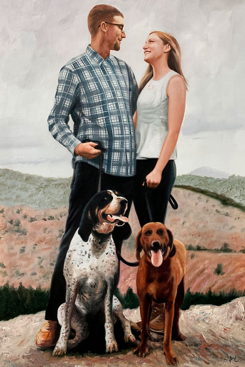 Gorgeous oil painting of a couple with two dogs 