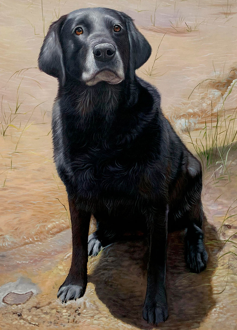 Painting of a black Labrador Retriever sitting on a sandy beach.