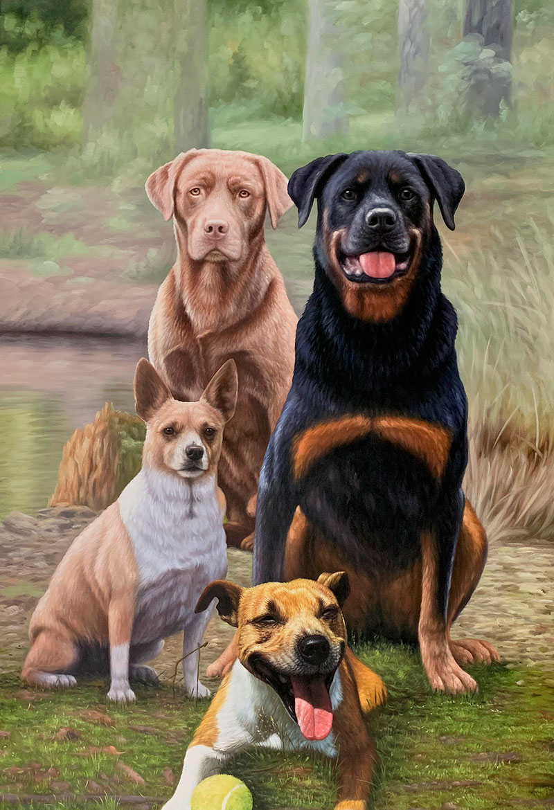 Painting of four dogs: a chocolate lab, a Rottweiler, a small tan and white dog, and a tan and white Staffordshire Bull Terrier.