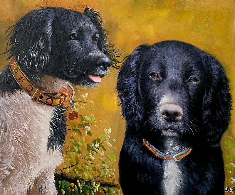 Painting of two black and white spaniels wearing collars.