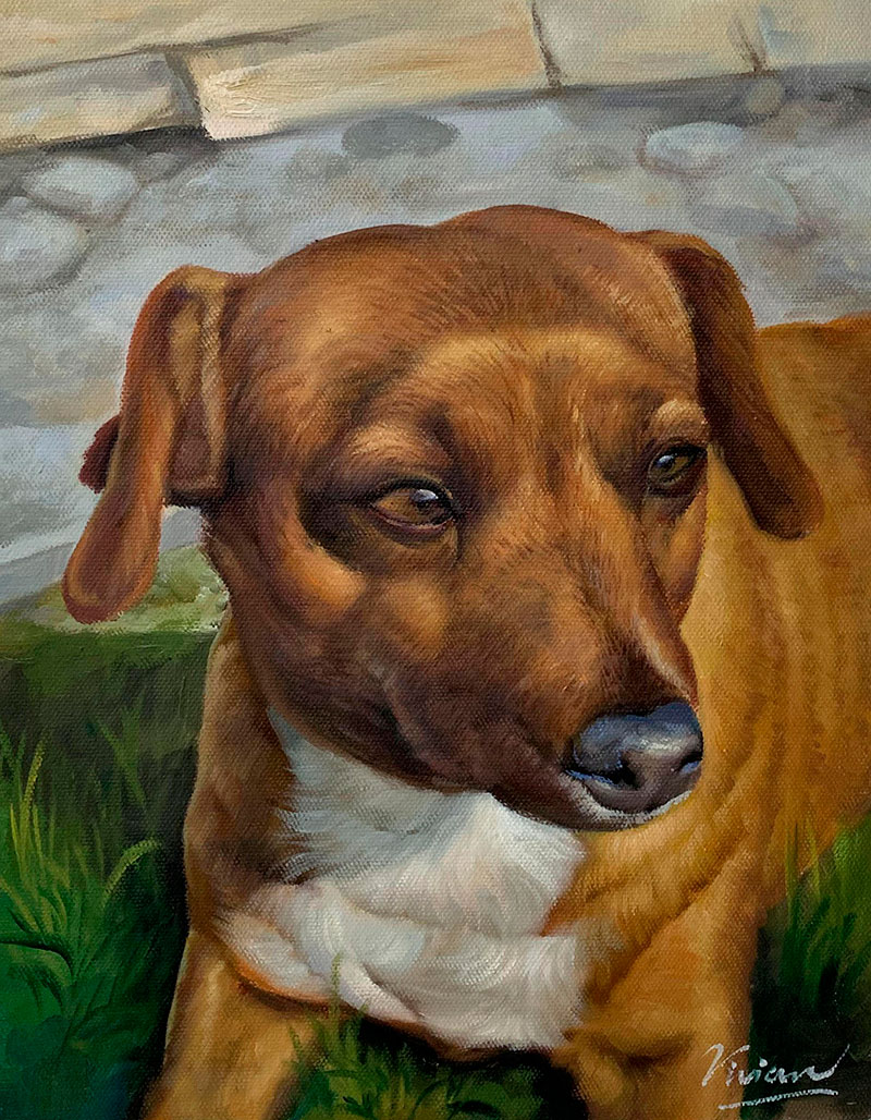 Painting of a brown dog sitting in the grass