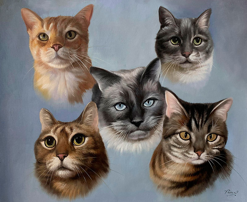 Painting of five cats` heads.