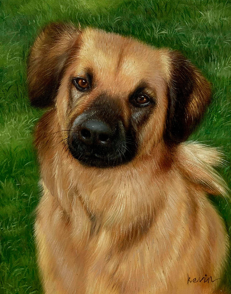 Painting of a light brown dog sitting in the grass.
