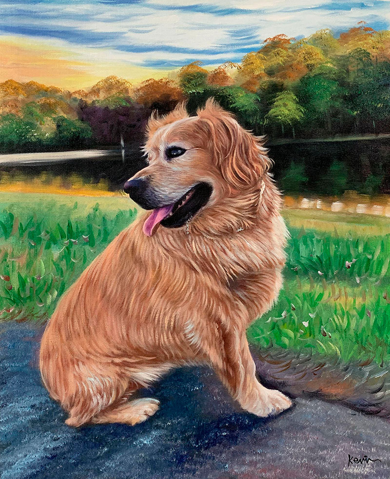Painting of a golden retriever sitting outdoors near a lake and trees.
