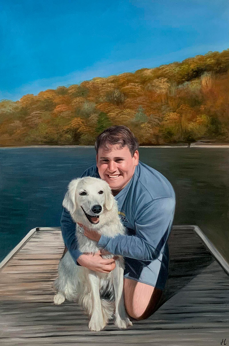 Beautiful oil painting of a man with a dog