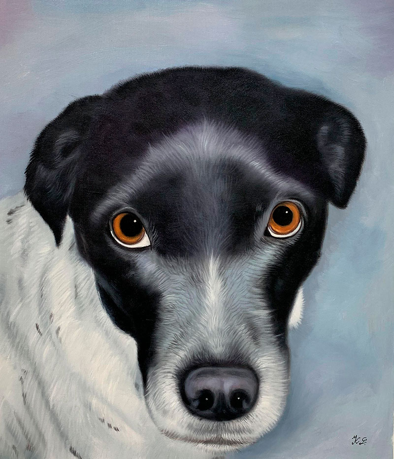Close up oil artwork of a dog with a solid background