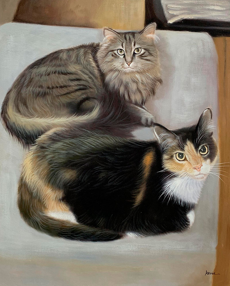 Painting of two cats, one grey tabby and one calico, sitting together.