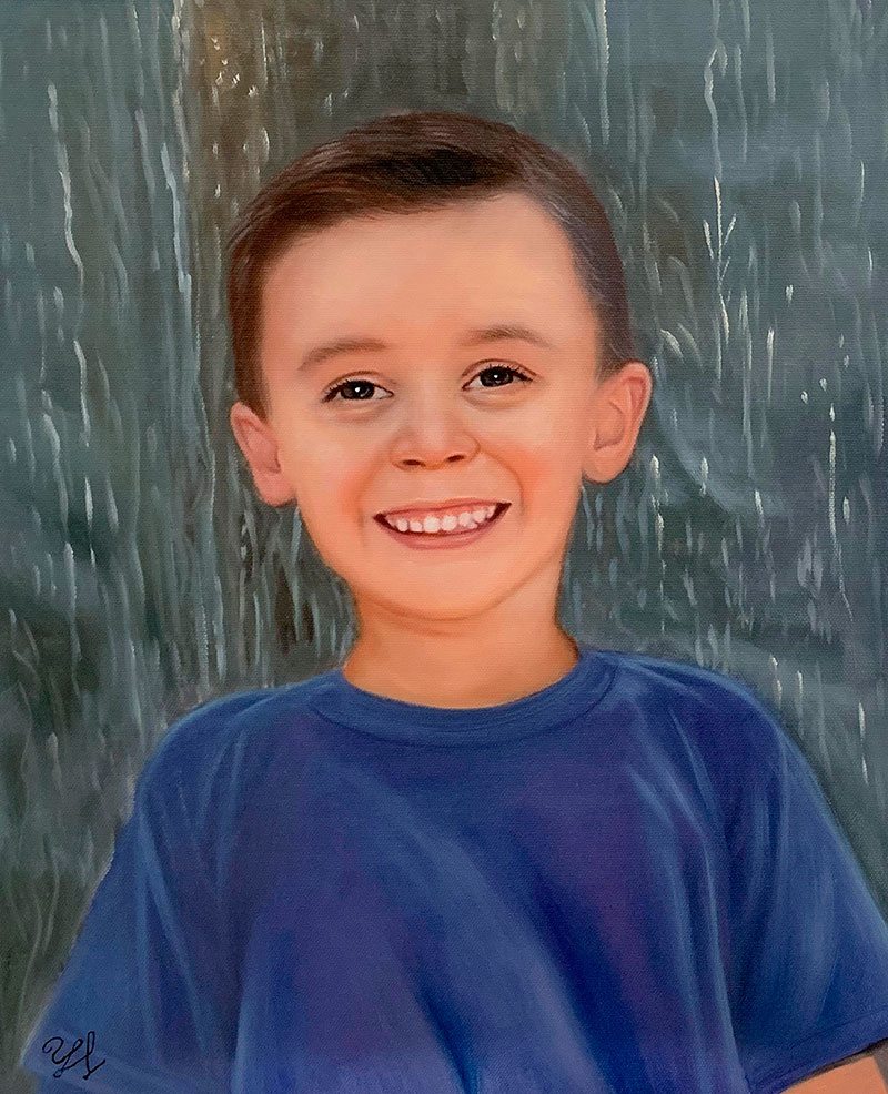 Beautiful close up oil portrait of a little boy
