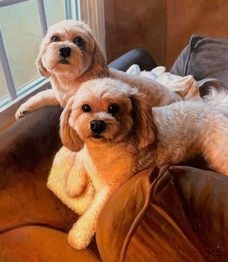 Painting of two fluffy, light brown dogs relaxing on a brown couch by a window.