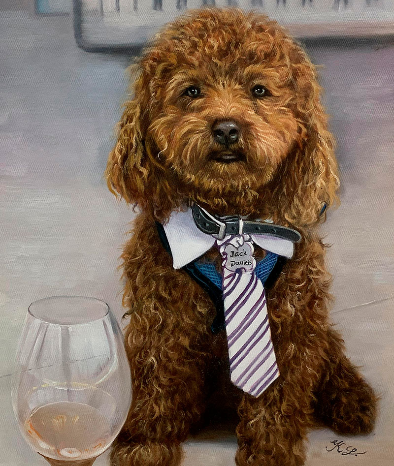 Painting of a brown poodle wearing a shirt and tie, next to an empty wine glass.  The dog`s name tag reads Jack Daniels.