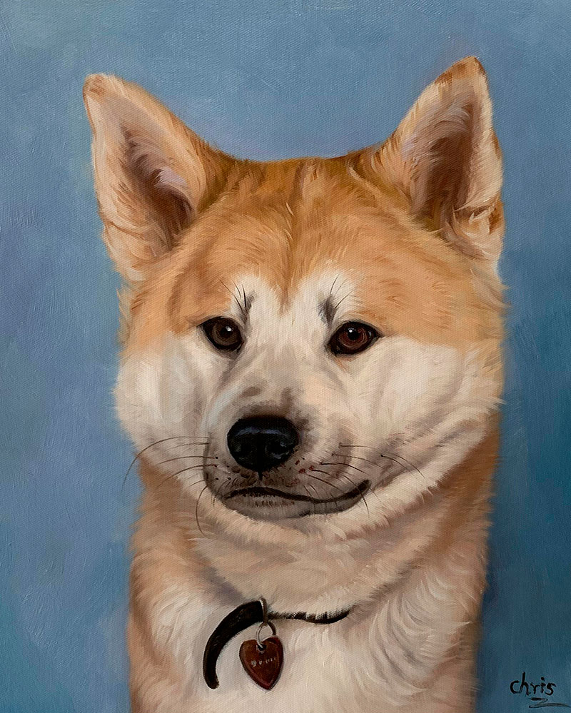 Close up oil painting of a dog with a solid background