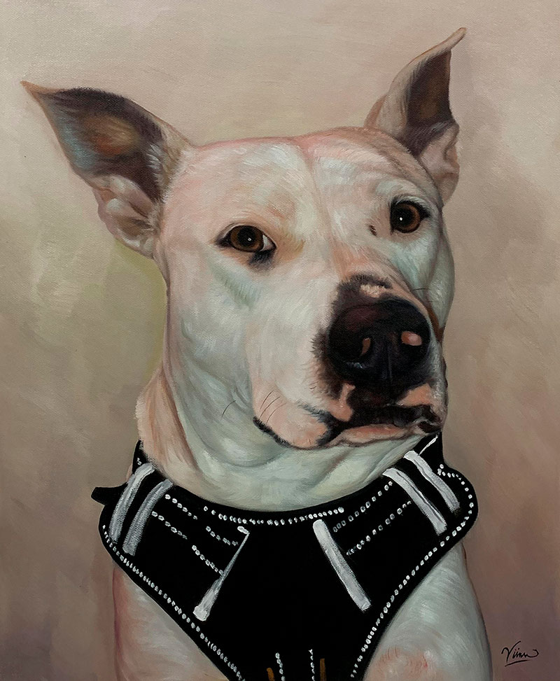 Painting of a white dog wearing a black collar with white accents.