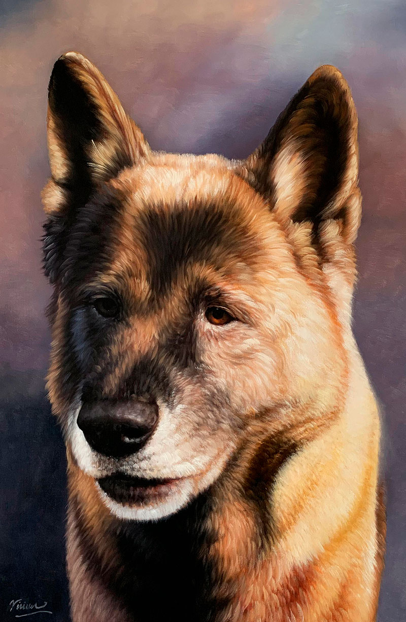 Painting of a brown and black dog
