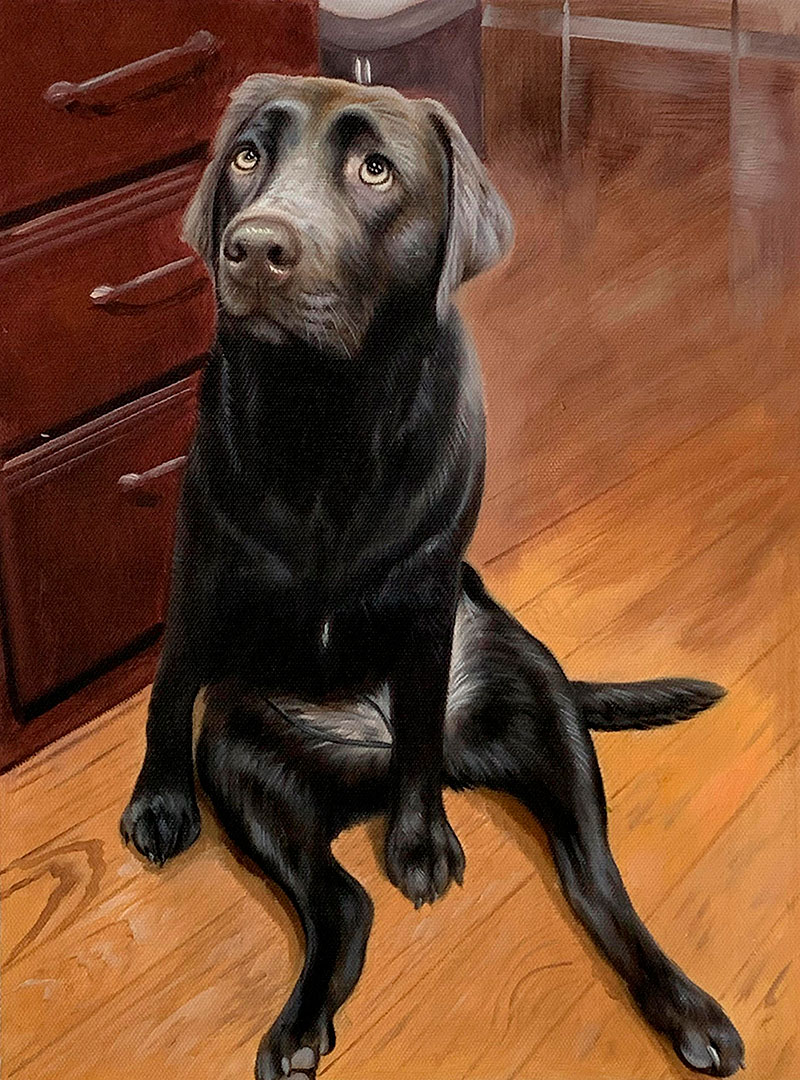 Painting of a black Labrador Retriever sitting on a hardwood floor, looking upward.